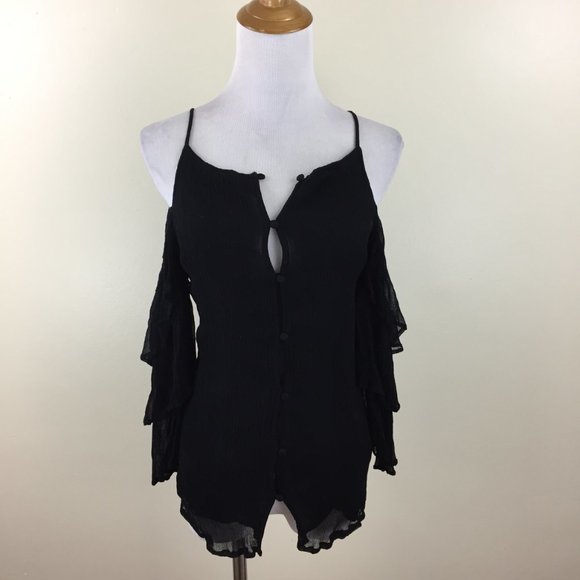 MAEVE Anthropologie Black Crepe Chiffon Cold Shoulder Ruffle Sleeve Button Shirt - Picture 4 of 10